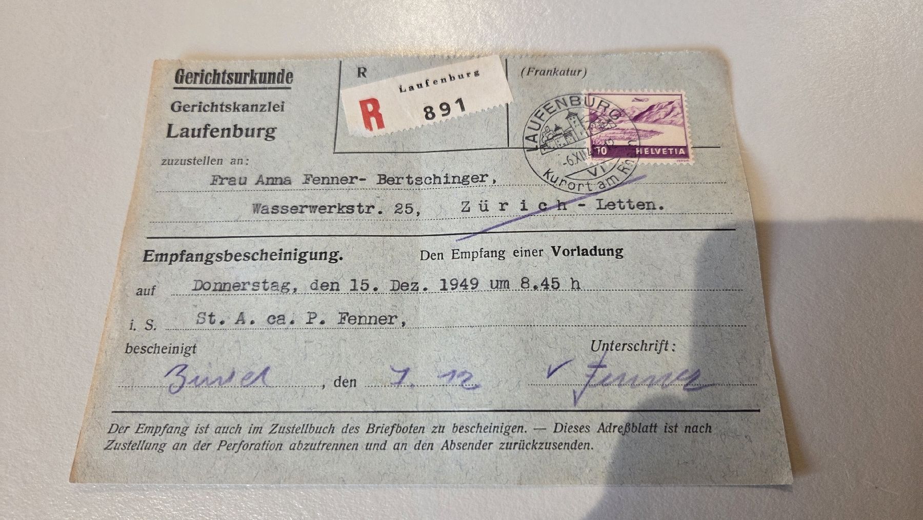 Tous les timbres: 1949 Gerichtsurkunde Laufen – D'occasion à Arni AG par Moth68
