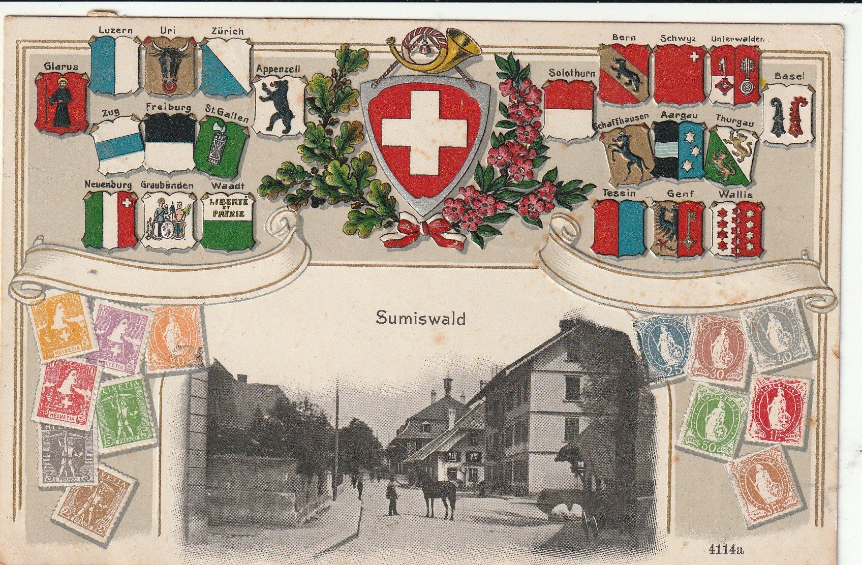 Cartoline postali: Alte Ansichtskarte Sumiswald mit Wappen & Briefmarken 1906 – Usato da Rupperswil venduto da Ema10