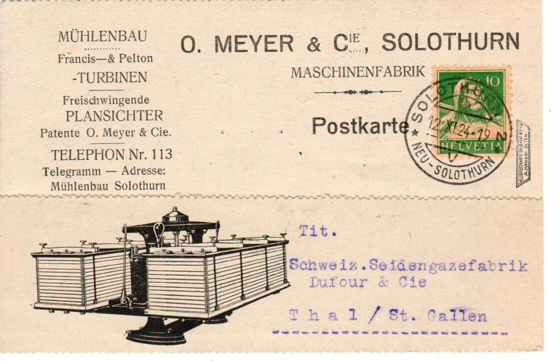 Tutti i francobolli: PK, O.Meyer Mühlenbau Solothurn 1924 – Usato da Wolhusen venduto da Curver9