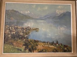 Tableau paysage lac et montagnes cadre bois bon état