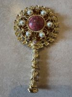 Vintage Handspiegel goldfarben mit Perlen und rosa Stein!