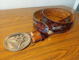 Vintage Ledergürtel mit Hirsch Schnalle und Tiermotiven