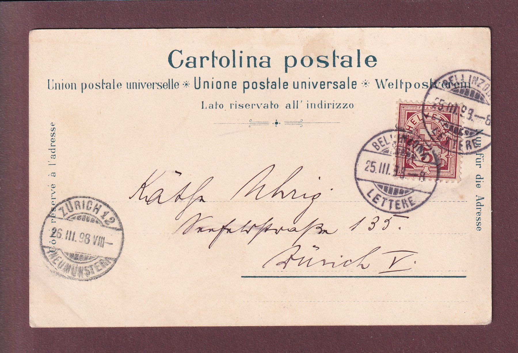 Cartoline postali: Saluto da BELLINZONA - 1898 Litho Schlumpf – Usato da Pully venduto da nicecards 1