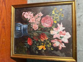 Tableau peinture huile fleurs E Pernet 1982 cadre doré