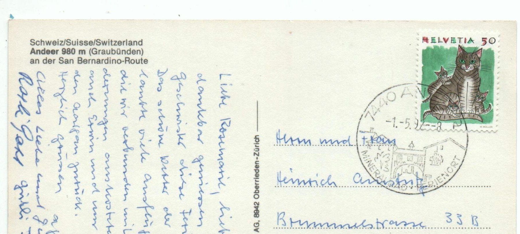 Ansichtskarten: 4-Bild-AK Gruss aus ANDEER Post mit Postauto – Gebraucht aus Jona von philajona 1