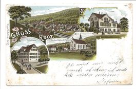 Gruss aus Root (LU) Post - Schulhaus - Kirche - Litho - 1900