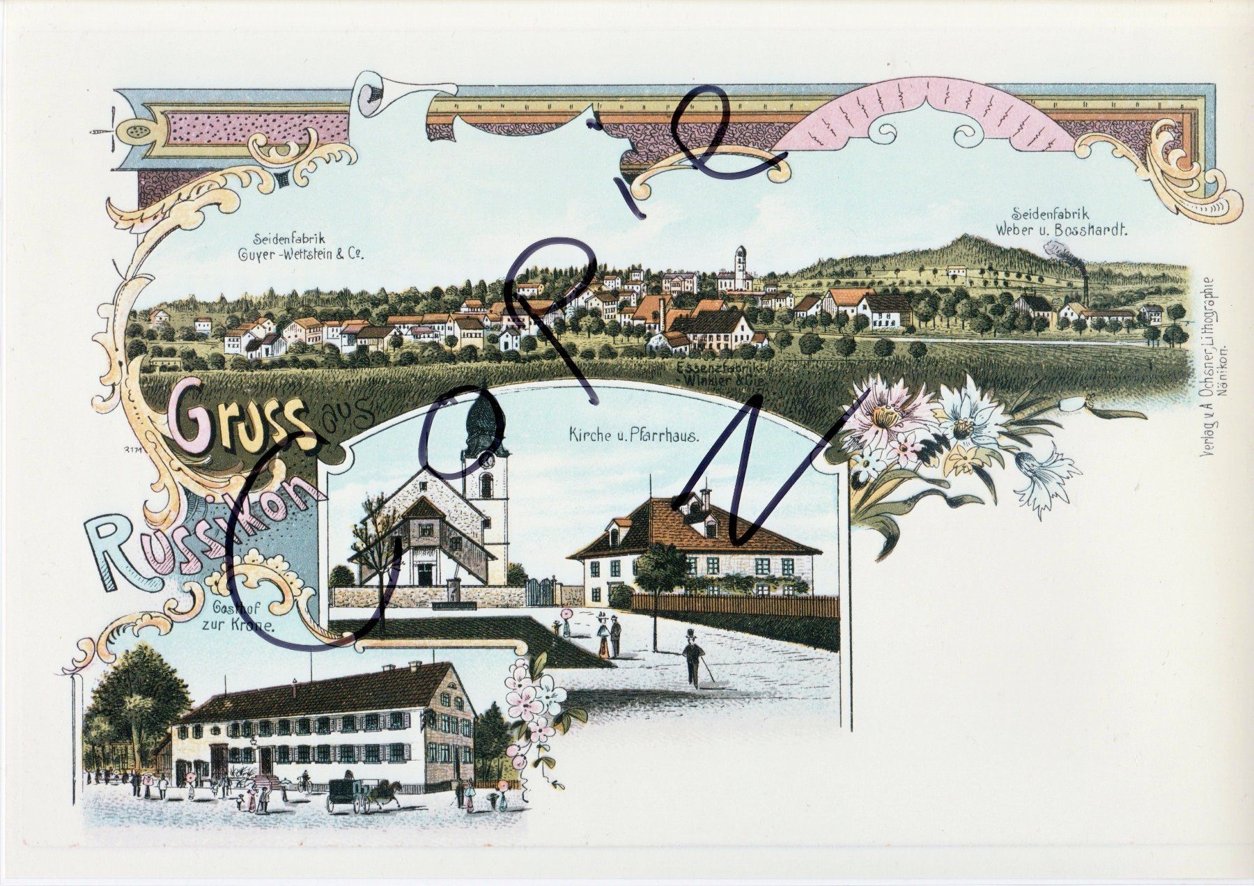 Cartoline postali: Gruss aus Russikon - (Litho-Ansicht um 1900) – Usato da Fällanden venduto da Blausegelfliege