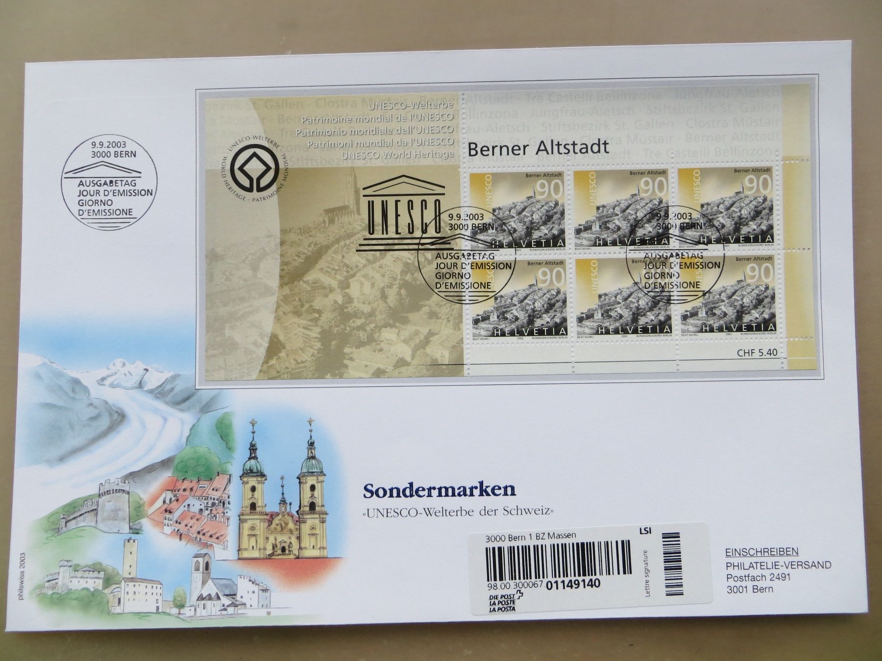 Tutti i francobolli: FDC-Serie Kleinbogen UNESCO-Welterbe Schweiz 2003 – Nuovo (secondo la descrizione) da Basel venduto da 8013 1