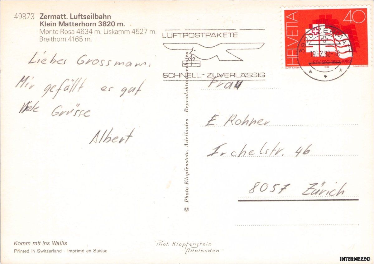 Cartoline postali: Zermatt VS // 1982 Seilbahn Tr. Steg - Klein Matterhorn Ski – Usato da Basel venduto da intermezzo12 1