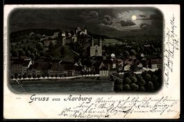 Lithographie Aarburg, Schloss, Kirche und Aare, Nachtansicht