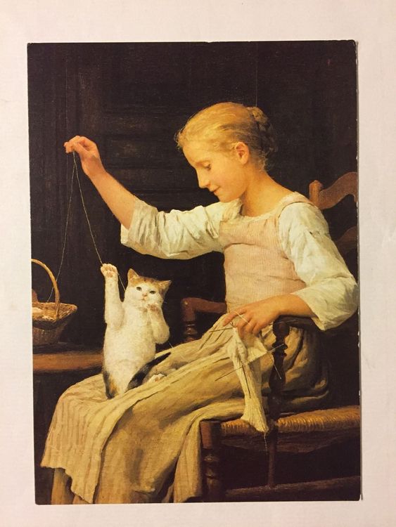 Postkarte Mädchen mit Katze Albert Anker