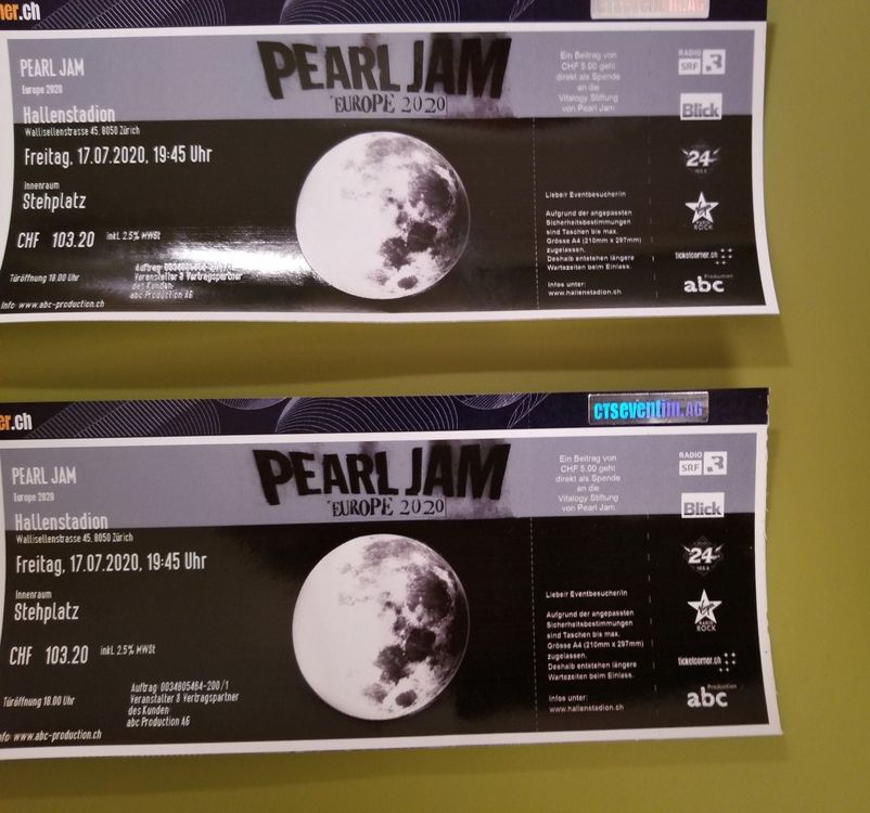 Pearl Jam Tickets 2 x Stehplätze, Zürich Kaufen auf Ricardo