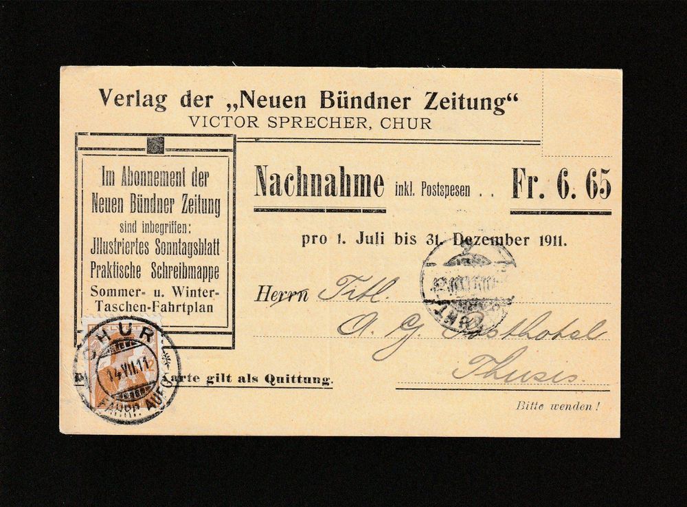 Nachnahme-Karte N. Bündner Zeitung 1911 | Kaufen auf Ricardo Nachnahme-Karte N. Bündner Zeitung 1911 | Kaufen auf Ricardo
