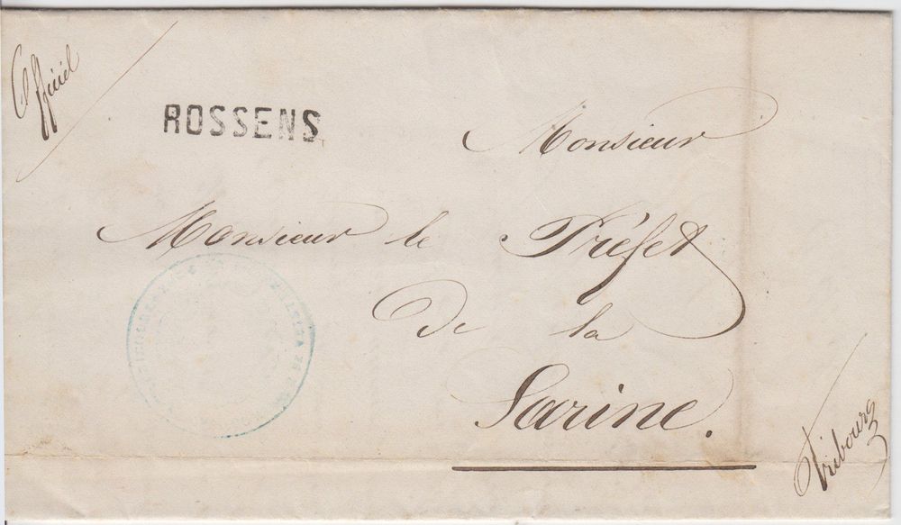 Vorphilabrief ROSSENS nach Fribourg 1868 1
