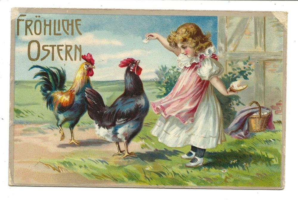 Fröhliche Ostern - Kind - Huhn - Litho 1