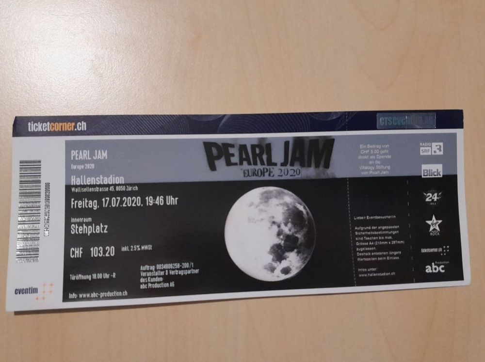 Pearl Jam Ticket (Stehplatz) Kaufen auf Ricardo