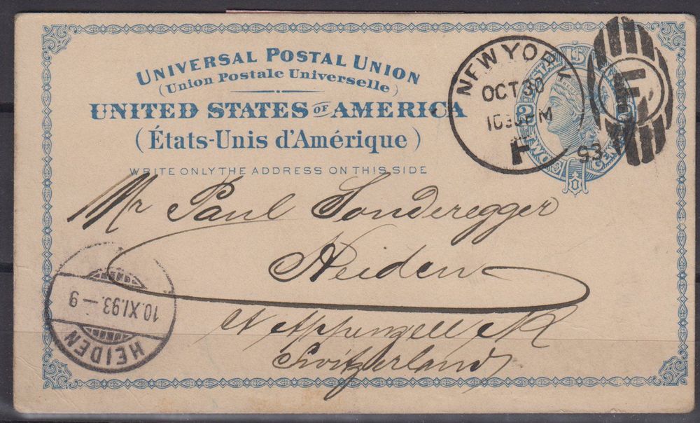 Postkarte 1893 USA nach Heiden 1