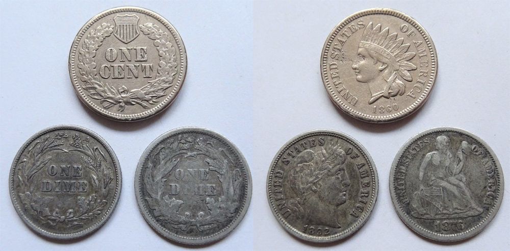 2 X US Dime (1872, 1896) + 1 cent (1860) 1