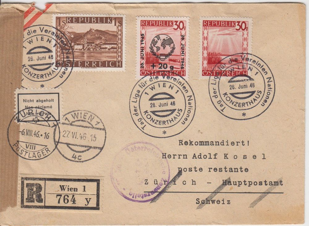 R-Brief 1946 WIEN-ZÜRICH 1