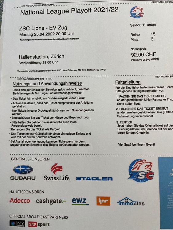 ZSC Lions Ticket Final Spiel 4 In Zürich | Kaufen Auf Ricardo