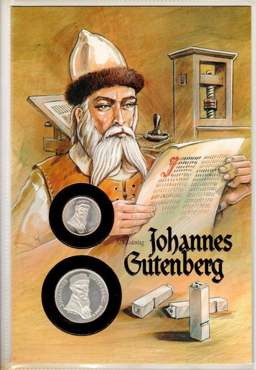 Münzbrief. Johannes Gutenberg - 1Unze + 5 Mark 1