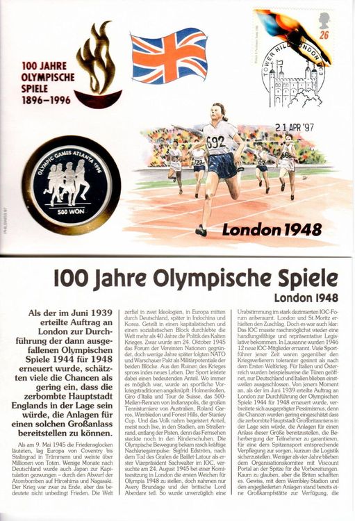 Münzbrief - 100 Jahre Olympische Spiele - 1OZ 999 1