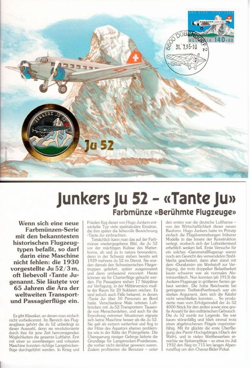 Münzbrief - Junkers JU52 - Tante JU 1