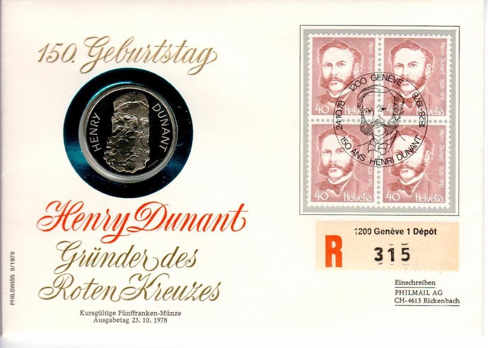 Münzbrief, 150. Geburtstag Henry Dunant - 5 Fr. Münze 1