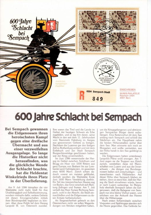 Münzbrief, 600 Jahre Schlacht bei Sempach - 5 Fr. Münze 1