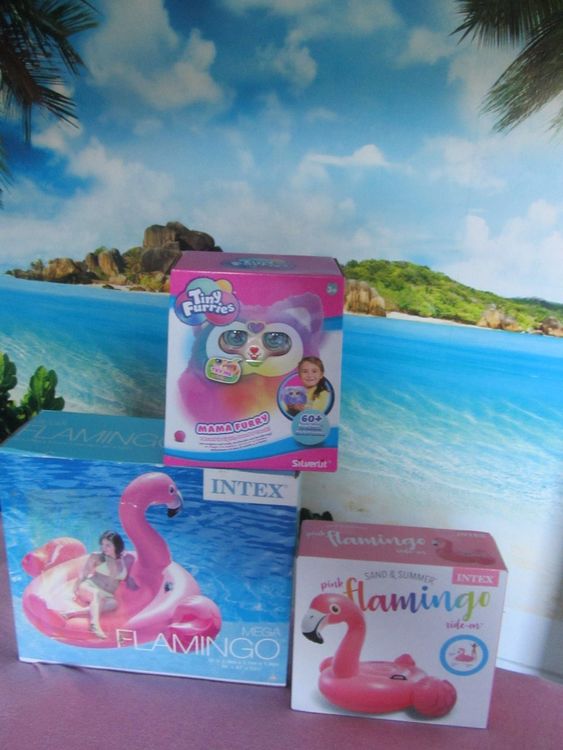 XXL Badeinsel Flamingo Pool+kleiner Flamingo +Tiny Furries 1