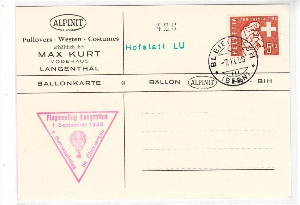 Ballonpost Karte ,Bleienbach - Hofstatt LU 1958 1