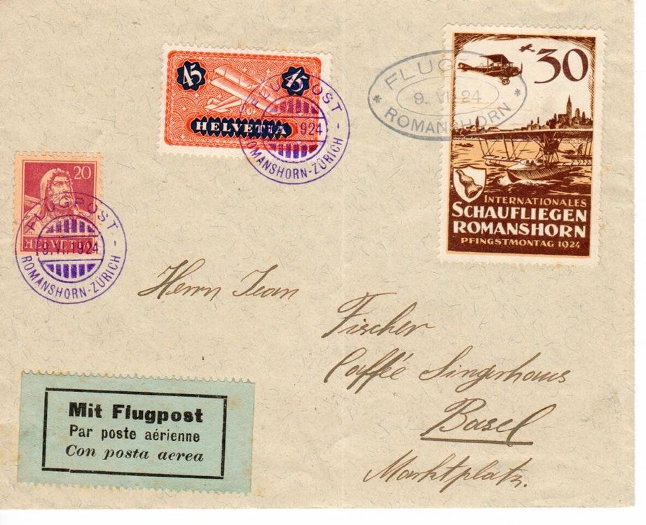 Flugpost Romanshorn - Zürich 1924 mit Vignette 1