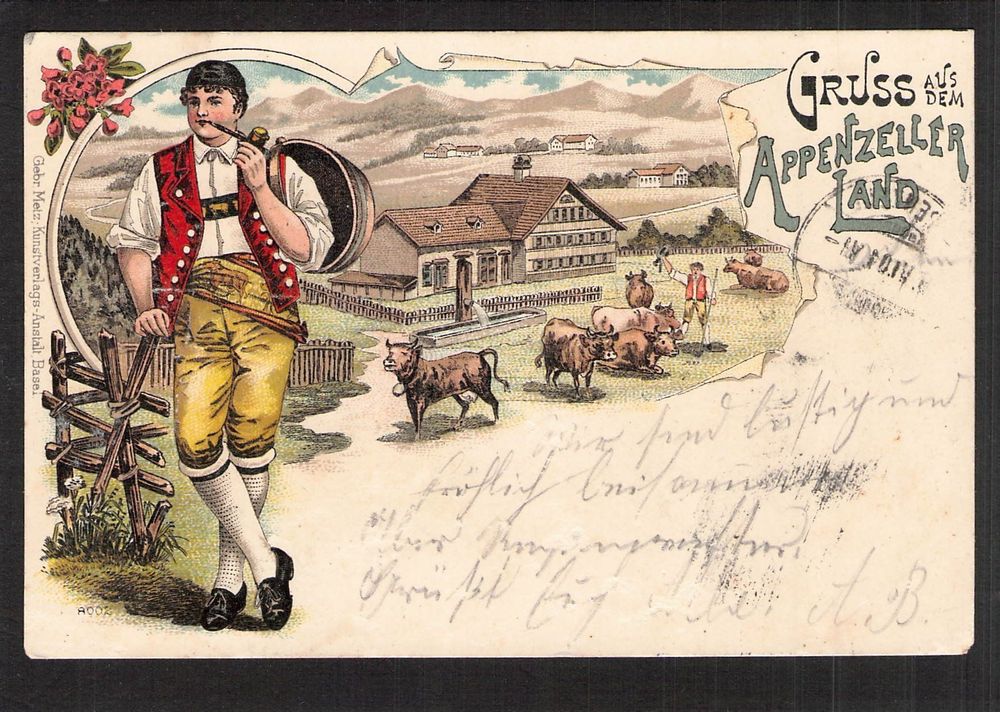 #Lithografie Gruss aus dem Appenzellerland , gel. 1901 1