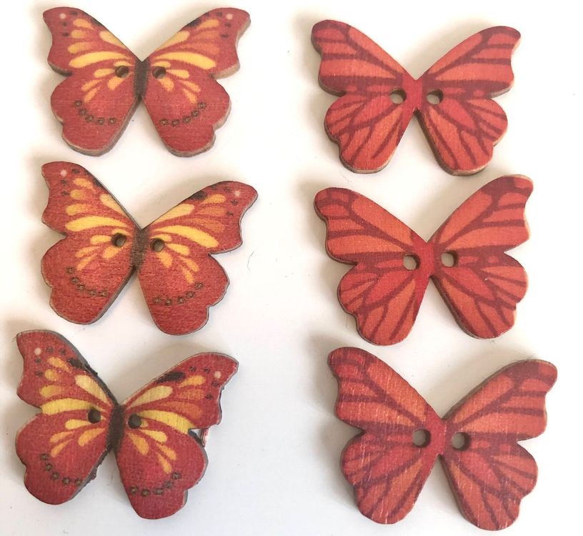 2x3 Holzknöpfe in Rot/Gelb - Schmetterlinge 1