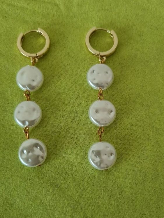 Modische "Ohrhänger" Perlen Ohrringe lang, vergoldet, 65 mm 1
