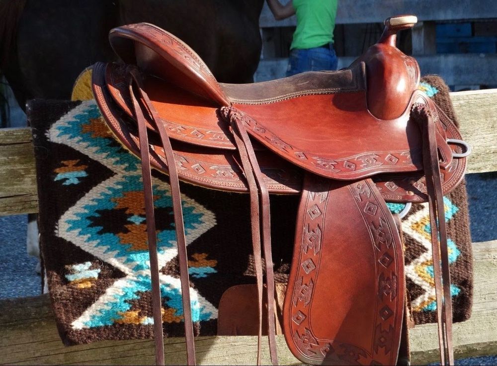 Tapis De Selle Western Vintage En Laine, Renforts Cuir, Bon état, Rare