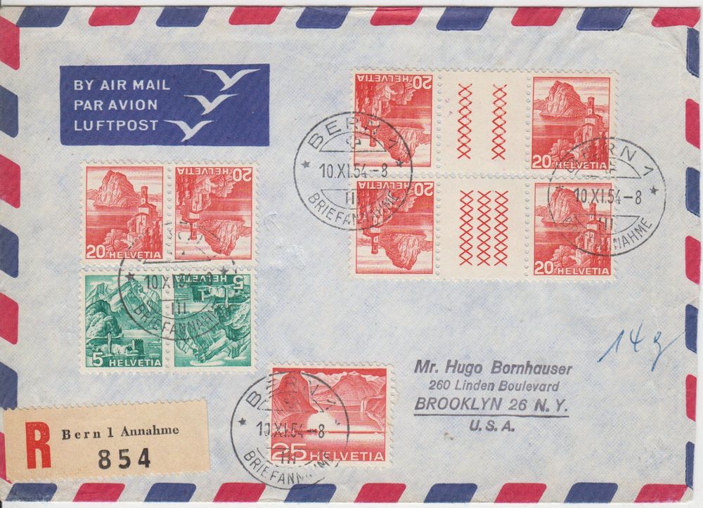 Schweiz: Brief 1954 nach Brooklyn Kehrdrucke 1
