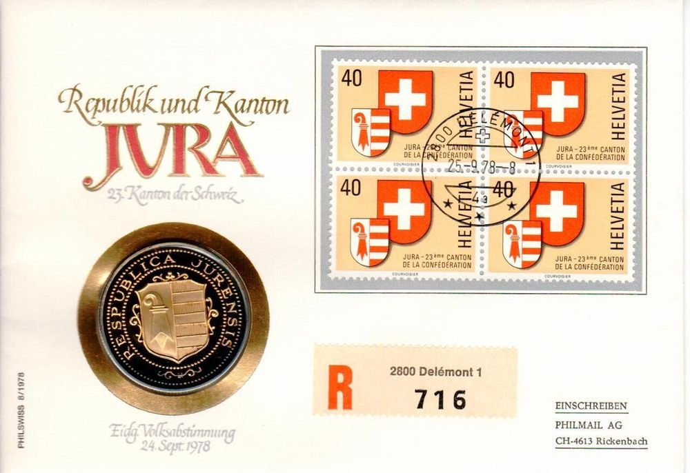 Münzbrief Jura 999,9 vergoldet 1