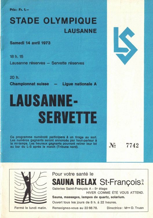 LAUSANNE SPORTS SERVETTE GENEVE SFC PROGRAMM 19721973 Kaufen auf Ricardo