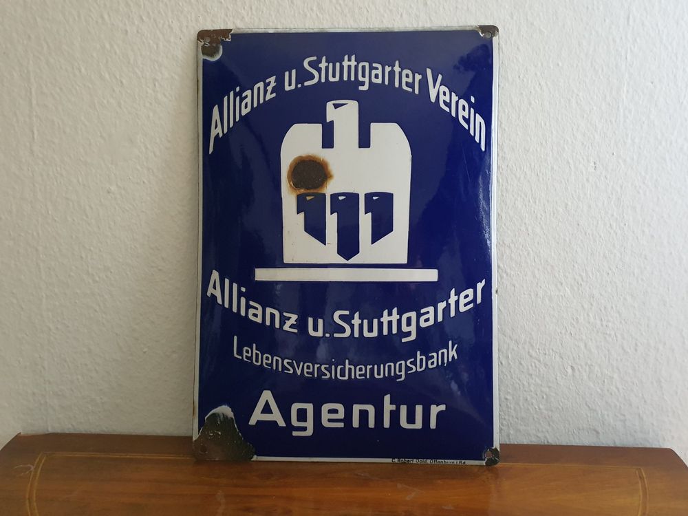 Altes Emailschild Allianz & Stuttgarter Emaille Schild Retro 1