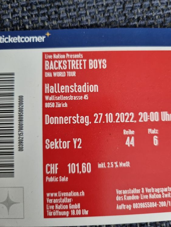 Backstreet Boys concert ticket Oct 27,2022 Acheter sur Ricardo
