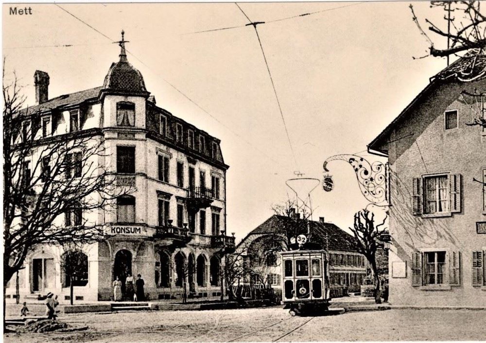 Biel Mett Konsum und altes Tram , 1910 Kaufen auf Ricardo