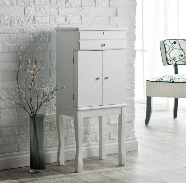 Schminkschrank Mit Spiegel - 6 LEDs, Abschließbar, Mit Rollen, Weiß, 170x36x40 Cm