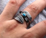Men ring silver feather stainless steel