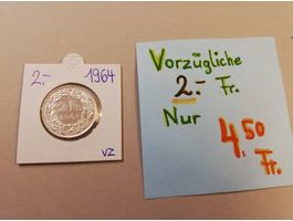 Schweizer Silbermünze 2 Franken Top! 1964 VZ!