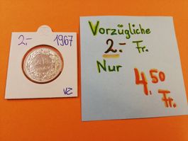 schöne 2 Franken Silbermünze 1967 TOP ! VZ!