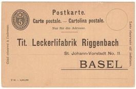 5 Rp. Postkarte mit Privatzudruck der Leckerlifabrik, BASEL