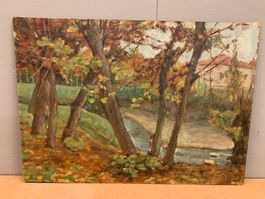 Gemälde Landschaft mit Bäumen und Bach Öl auf Pavatex