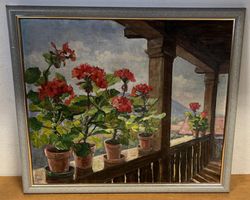 Gemälde Geranien auf Balkon, signiert Aline Studer (ID 7032)