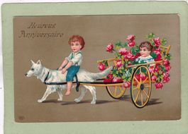 Kitsch Hund m Wagen Blumen Kinder Heureux Anniversaire 1911